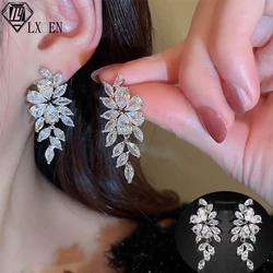 LXOEN Cute Silver Color Statement Flower Zirconia Crystal Long Drop Earrings for Women Bridal Wedding Dangle Earrings Jewelry