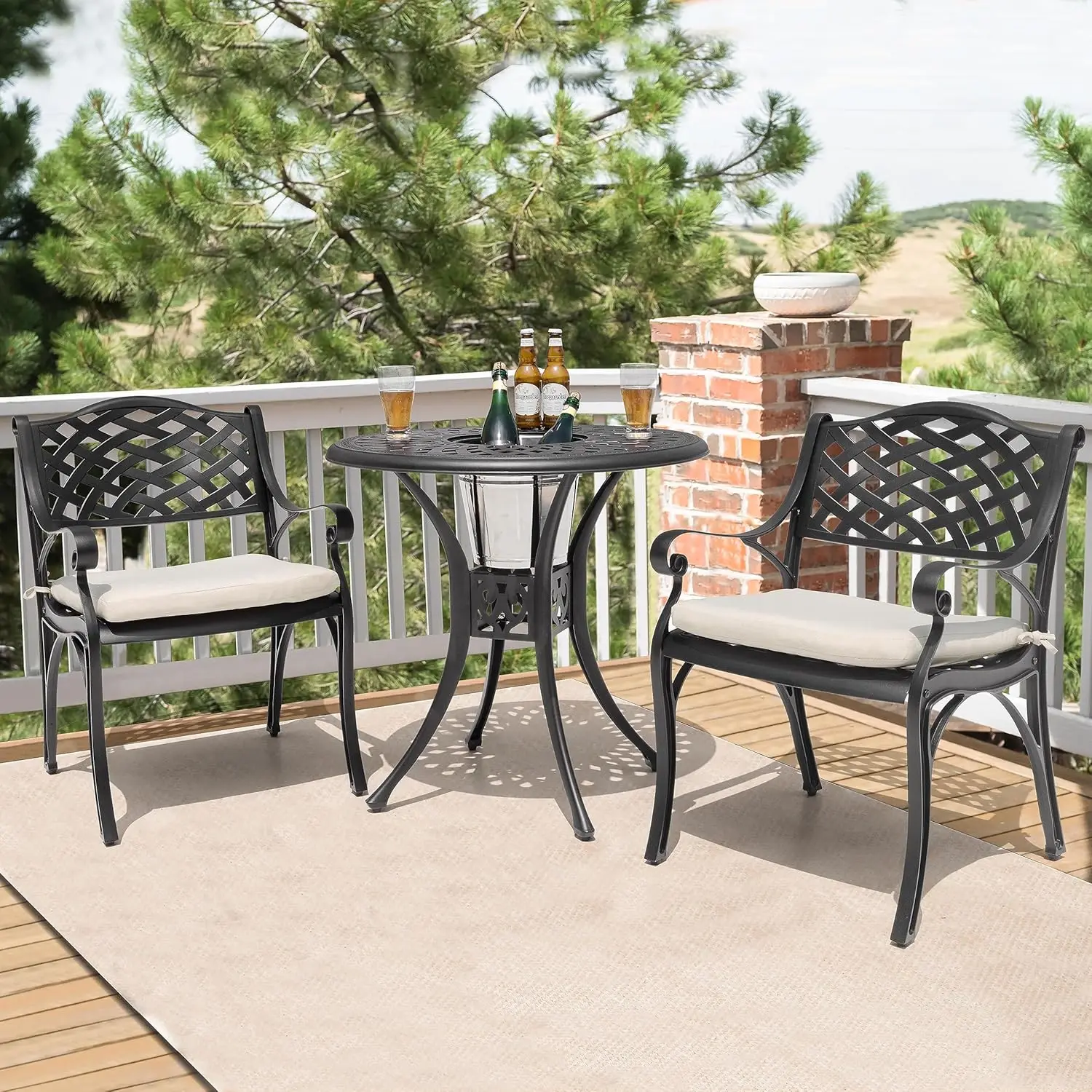 3 Piece Outdoor Cast Aluminum Bistro Table Set Rustproof Table and Chairs with Umbrella Hole for Backyard, Balcony