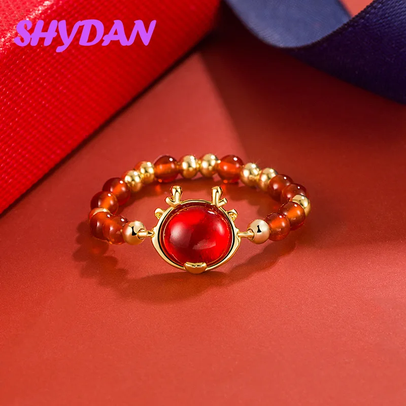 SHYDAN 925 Sterling Silver 18K Gold The Little Red Dragon Open Adjustable Rings For Women Girls Fashion Jewelry