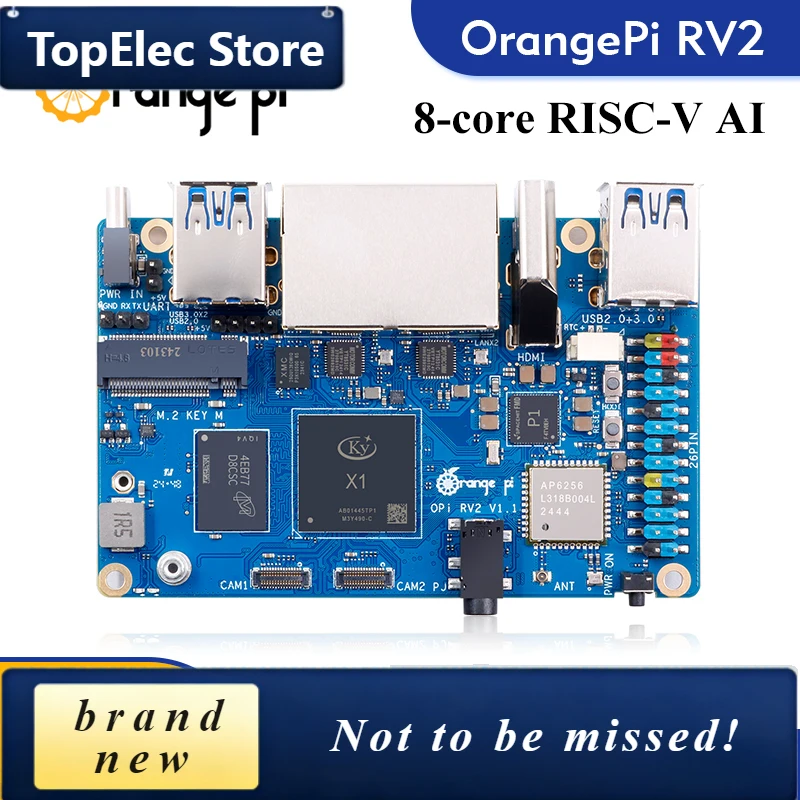 TopElec Orange Pi RV2 4GB RAM RISC-V AI Single Board Computer 2 TOPS NPU WiFi+BT5.0 Gigabit Ethernet SBC M2 NVMe SSD Development