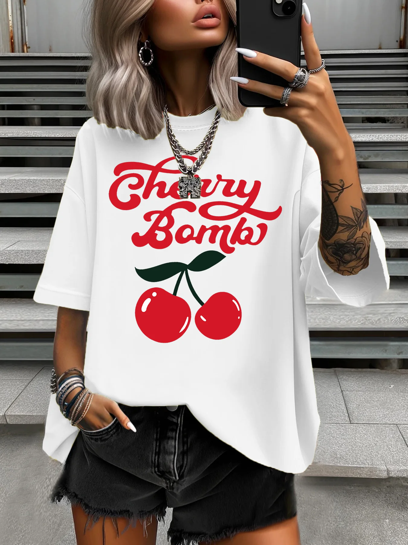 

Summer Women's Plus Size T-Shirt Original Design Fashion Letter Cherry Bomb Printed Women's Casual Round Neck Short Sleeved Tops