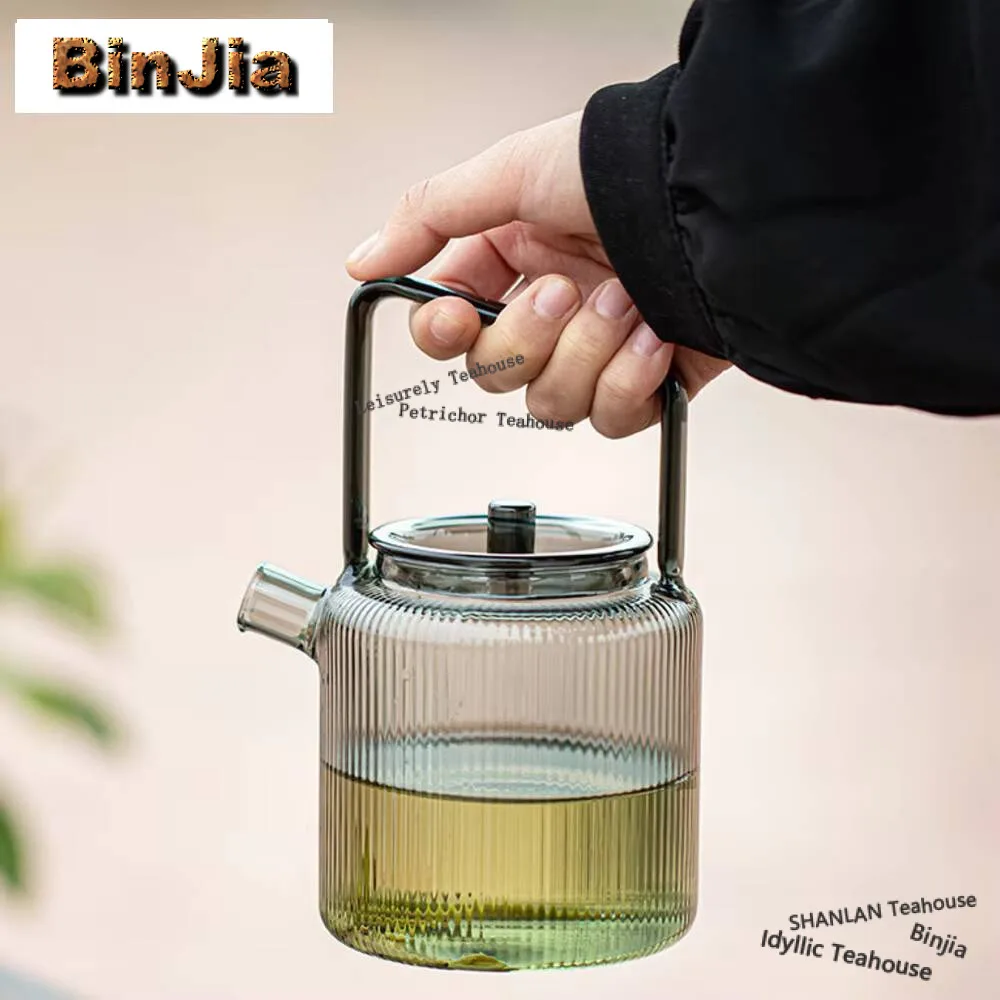 550ml Vertical Pattern Glass Teapot Green Tea Brewing Loop-handled Pot Transparent Cold Soaking Kettle Teapots to Boil Water Pot
