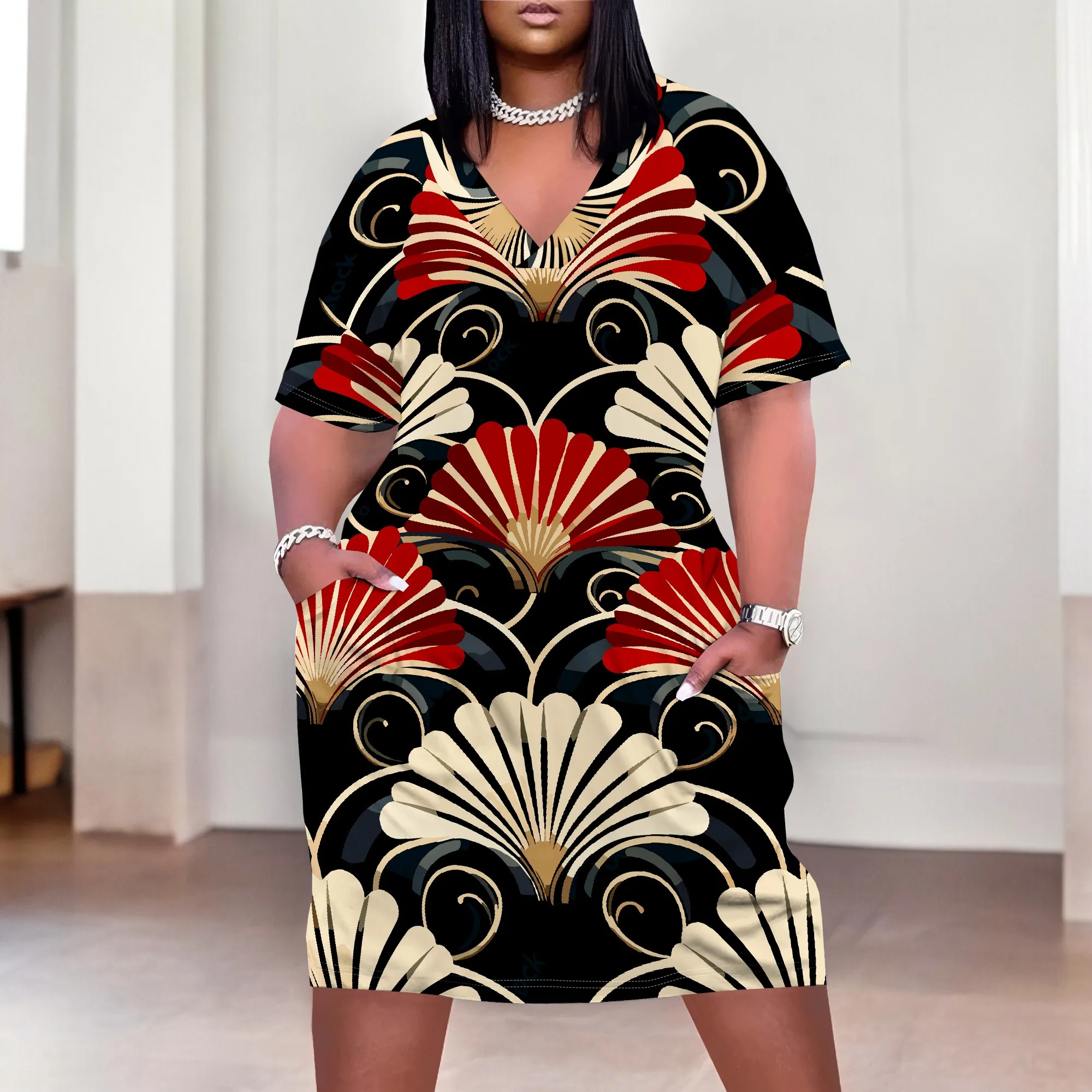 

Plus Size Women's African Print Dresses Casual Loose Pocket Short Sleeve Long Maxi Dress