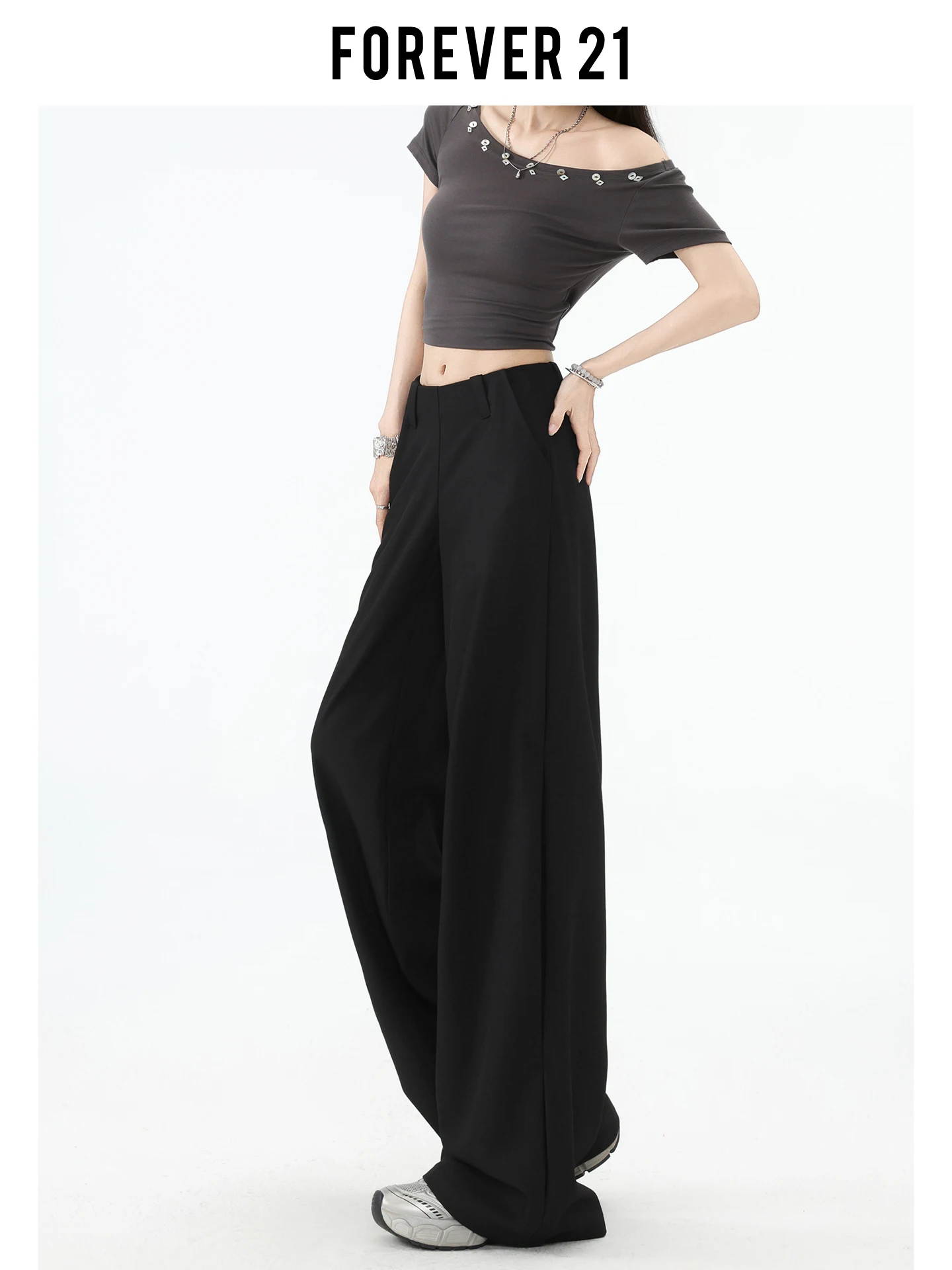 Pantalones Casuales de Pierna Ancha y Cintura Alta Estilo Americano Forever 21, Pantalones de Traje Holgados y Rectos Vintage para Mujer, Color Negro
