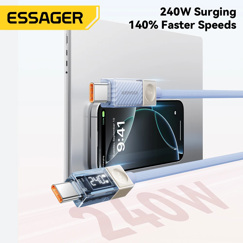 Essager 240 واط USB C كابل آيفون 17 16 15 زائد برو ماكس ماك بوك باد شاحن سريع شاحن نوع C كابل لشاومي سامسونج