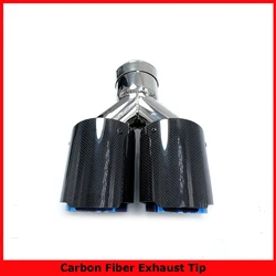 1 Piece Dual Twill Glossy Carbon Fiber Muffler Tip A Logo Blue Stainless Steel Exhaust Tip Flange Straight For BMW E90