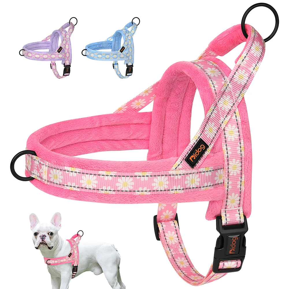 Winter Dog Harness No Pull Reflective Pet Dogs Vest Harness Warm Fur Padded Strap Harness for Medium Large Dogs Flower Print