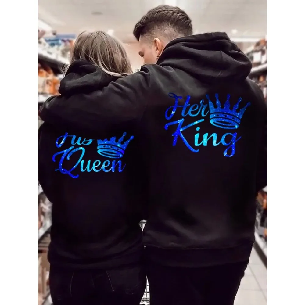 

Couple Sweatshirt Matching Set Her King and His Queen Print Lover Hooded Fashion Crown Women Men Hoodies Long Sleeve Streetwear