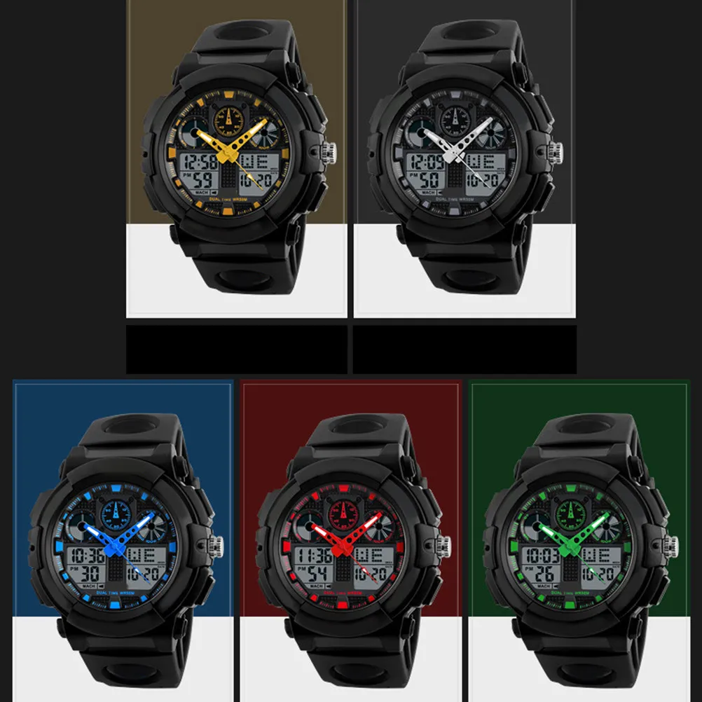 

Мужские водонепроницаемые спортивные часы, красные, в стиле милитари, аналоговые и цифровые, с двойным временем, хронографом, светодиодной подсветкой, кварцевым механизмом, повседневные