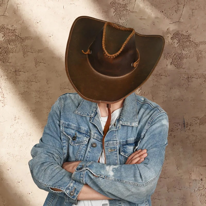 Genuine Leather Cowboy Hats Handmade Stitched Wide Brim Adjustable Chin Strap Cowhide Western Hat for Men Outdoor Sun Protection