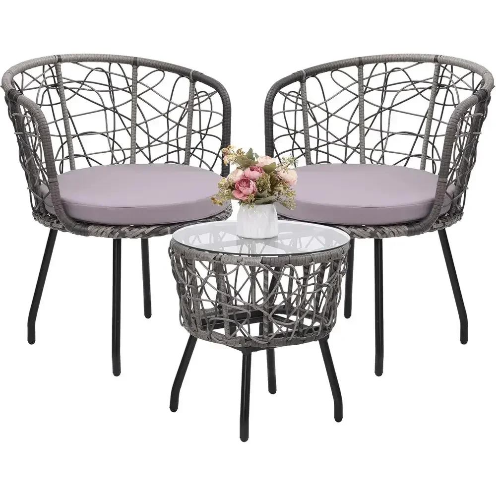 3-Piece Outdoor Wicker Patio Furniture Set with Tempered Glass Top and Cushioned Chairs in Grey