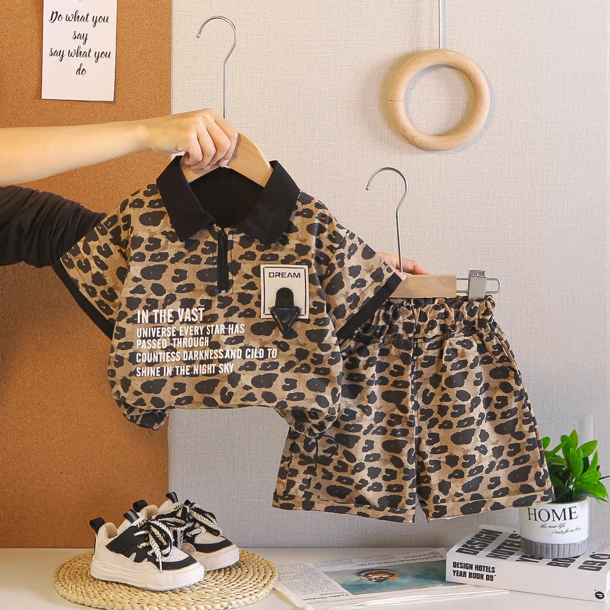 Toddler Boys Summer Outfit Clothes 2026 New Childrens Leopard Print Lapel Short Sleeve Tops and Shorts 2 Piece Set Kids Clothing