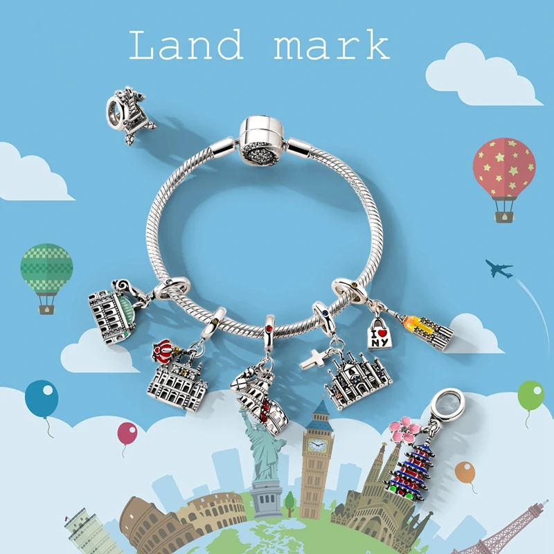 الأصلي 925 فضة سحر الخرز باريس ايفل القلعة الكنيسة قلادة صالح سوار الإسورة قلادة المرأة DIY بها بنفسك مجوهرات هدية