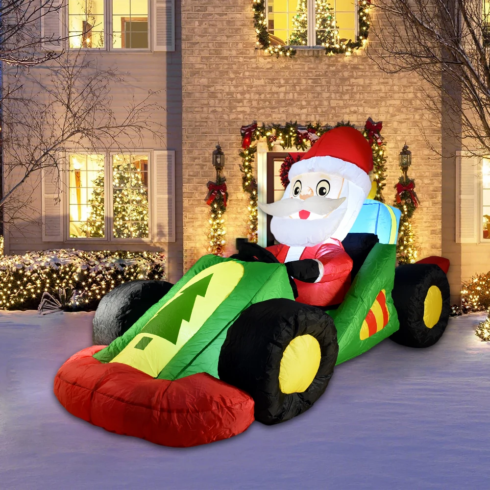 Kerst opblaasbare kerstman drive formule auto met LED-verlichting opblazen buitendecoratie voor vakantiefeest tuindecoratie