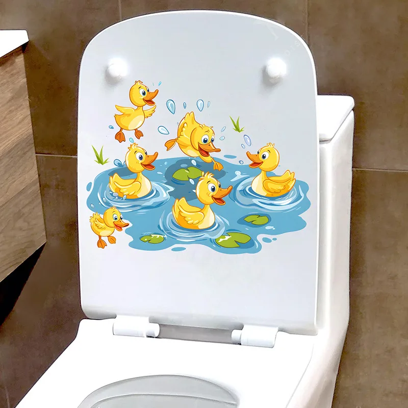 Cartoon Duck Playing  Water Toilet Sticker, Bathroom Landscaping Yellow Duck  Wall Sticker Self-adhesive PVC