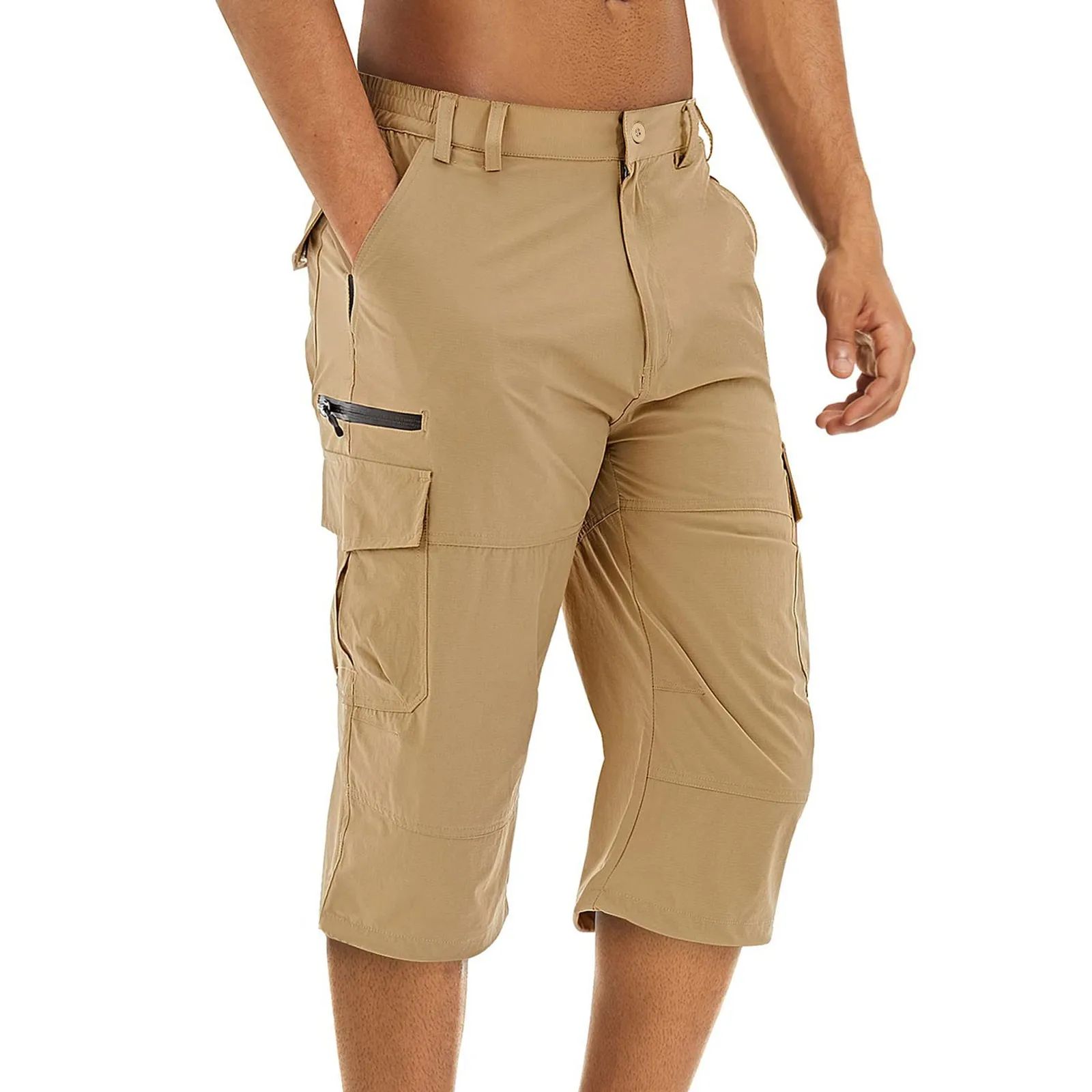 Men's Casual Capri Pants With Pocket Outdoor Cargo Shorts Solid Color Basketball Sports Short Pants Working Running Cargo Pants