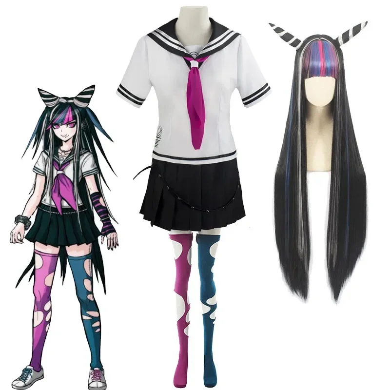 Disfraz de Anime Danganronpa 2 Mioda Ibuki, traje de marinero, uniforme JK para niña, faldas, peluca y tocado para mujer