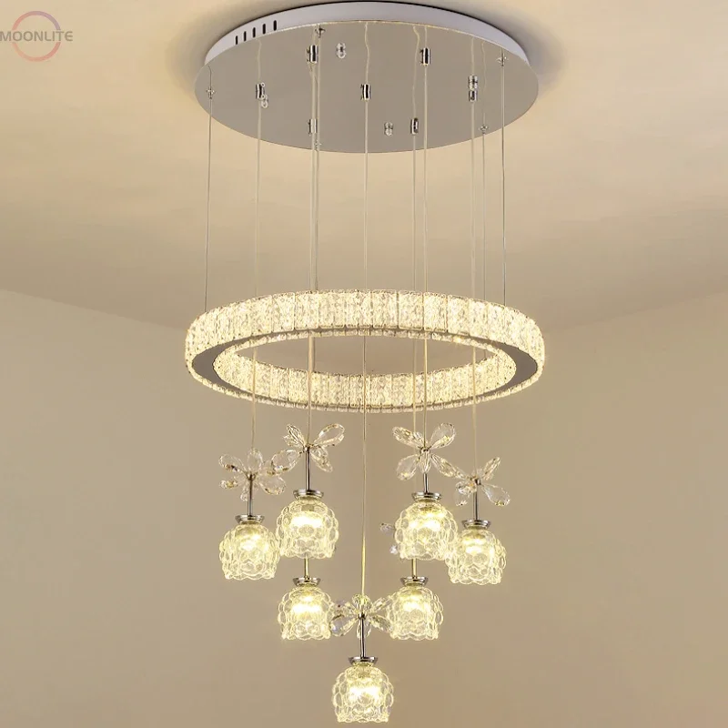 Modern LED Crystal Glass Petal Ceiling Chandelier Rings Chrome Luster for Living room Dining room Home Decor Indoor Lighting