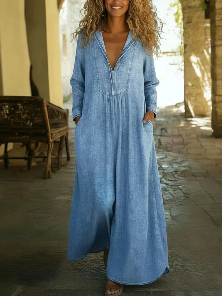 

Loose V Neck Denim Dress Casual Comfortable Maxi Dress Pocketed A Line Jean Dress Boho Travel Summer Lightweight Denim Gown