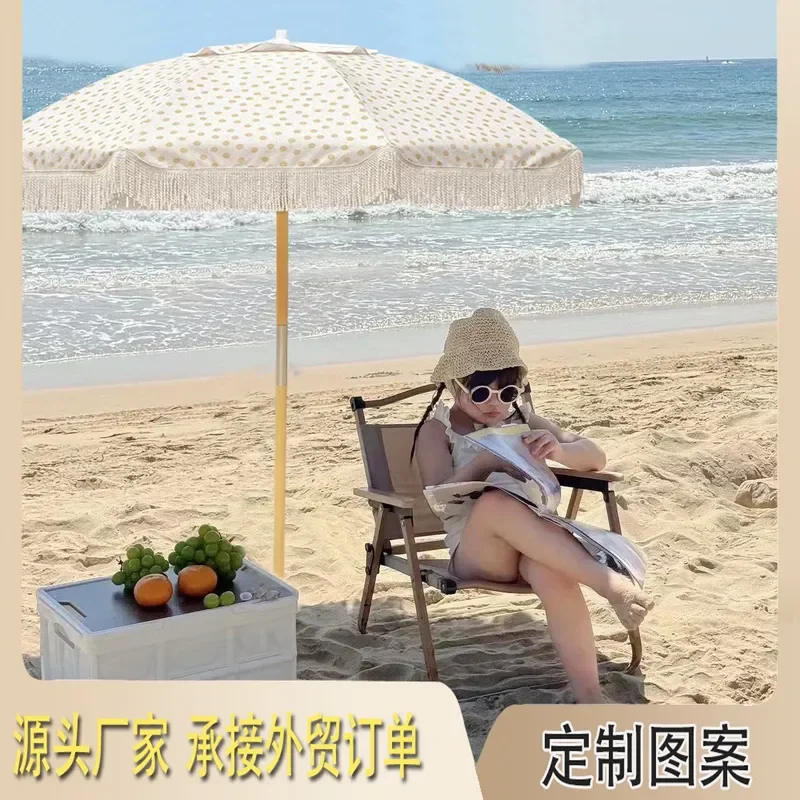 Large Beach Umbrella with Fringe Outdoor Sunshade for Patio Garden Vacation Seaside Parasol Wooden Pole Shade Canopy for Yard