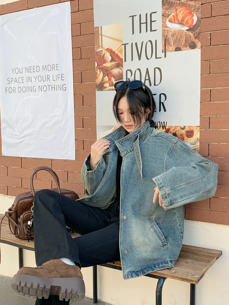 

Denim Coat Jacket Woman Womens Autumn Down High-End Professional Button-Down Functional Beaded Fitted Notched Sashes Temperament