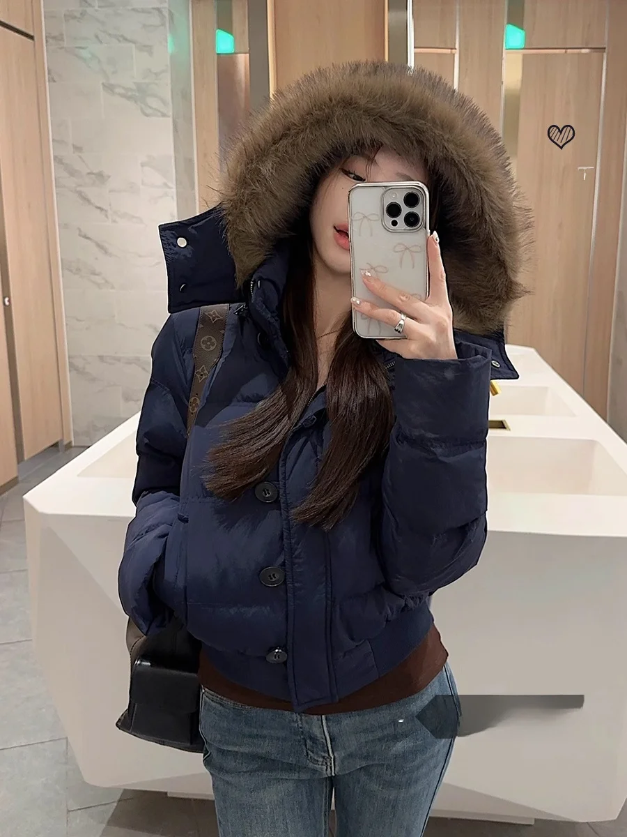 

Утепленная короткая куртка-пальто женская весенняя хлопковая с капюшоном, большим меховым воротником, в корейском стиле, с длинными рукавами, на молнии