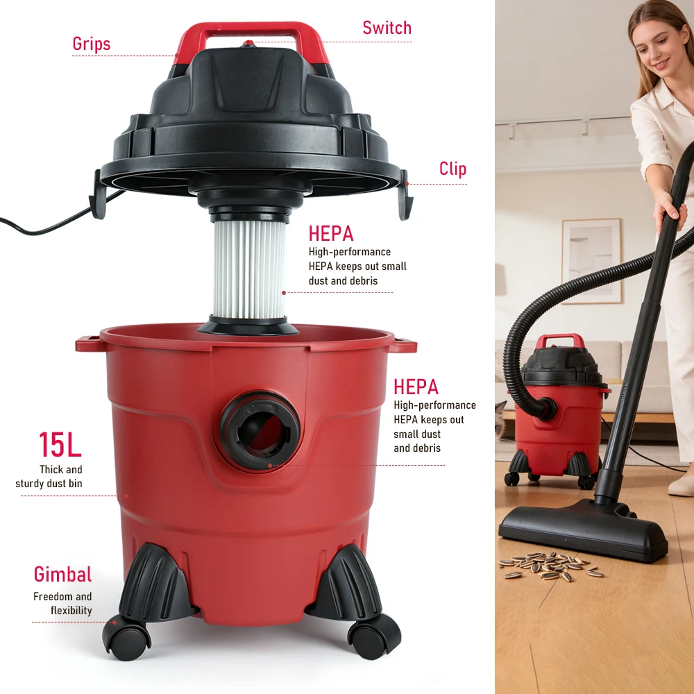 Tungfull 15L Wet and Dry Vacuum Cleaner Powerful Suction Canister Vacuum for Home, Garage & Workshop, 6M Working Diameter