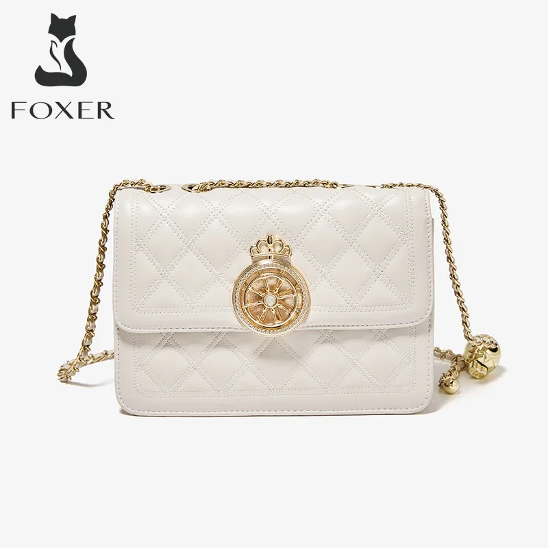 FOXER Women Crossbody Shoulder Bag Withe PU Leather Messenger Bag Chains Flap Pocket Designer Lady Stylish Lattice Classical Bag