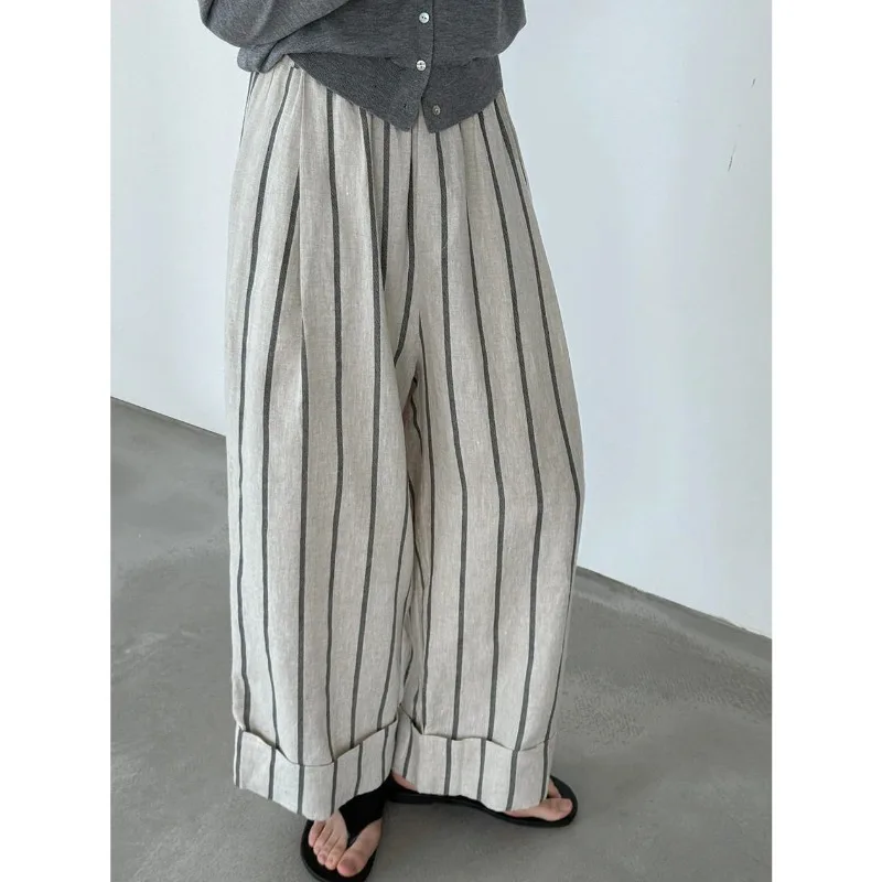 

Women Summer Linen Striped Japanese Retro Loose Wide Leg Cropped Pants