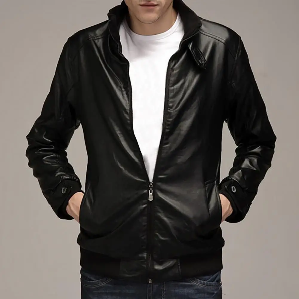 Men Jacket Stylish Faux Leather Jacket Coat Comfortable Motorcycle Jacket  Stand Collar Motorcycle Jacket for Party