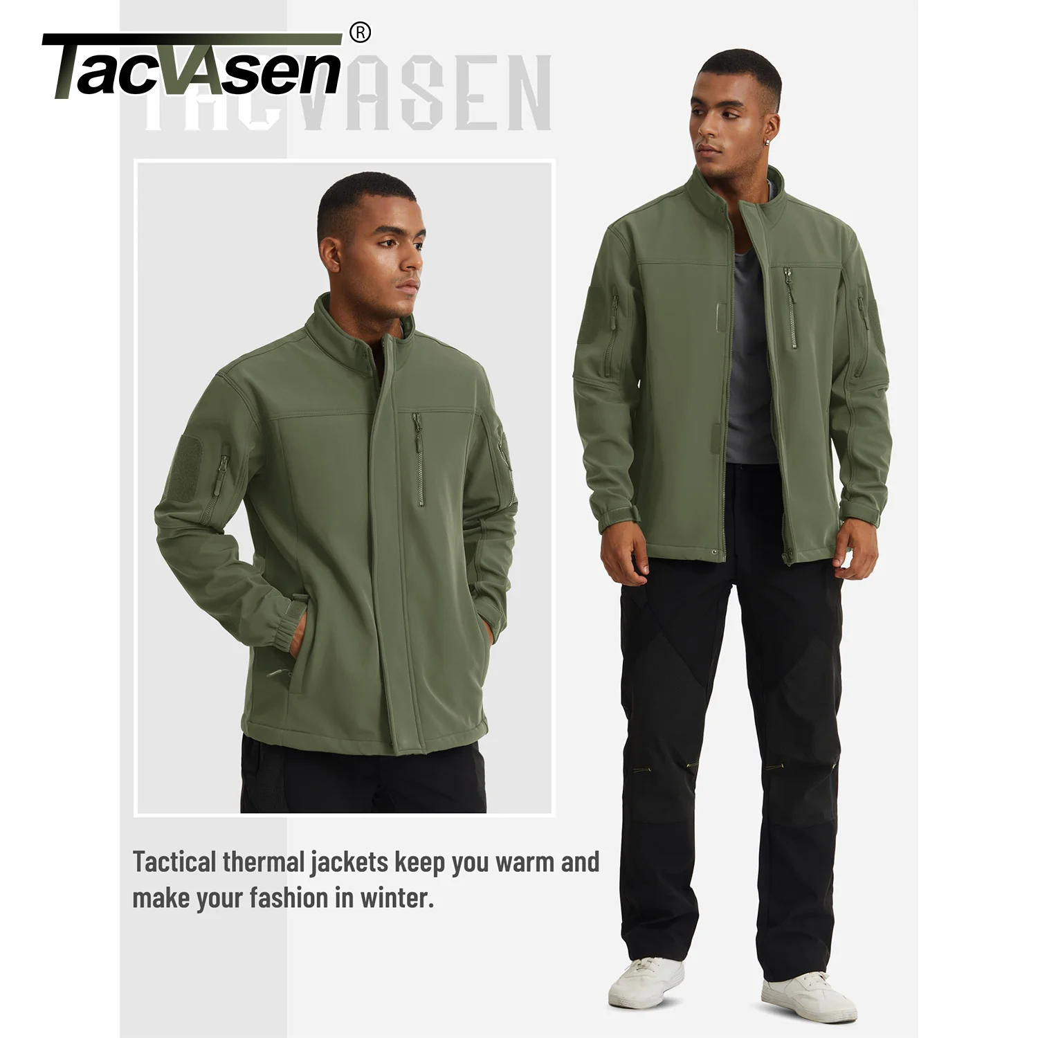 TACVASEN Windproof Warm Hiking Parkas Men's Winter Softshell Fleece Jackets Wear Resistance Coats Full Zip Up Working Outwear