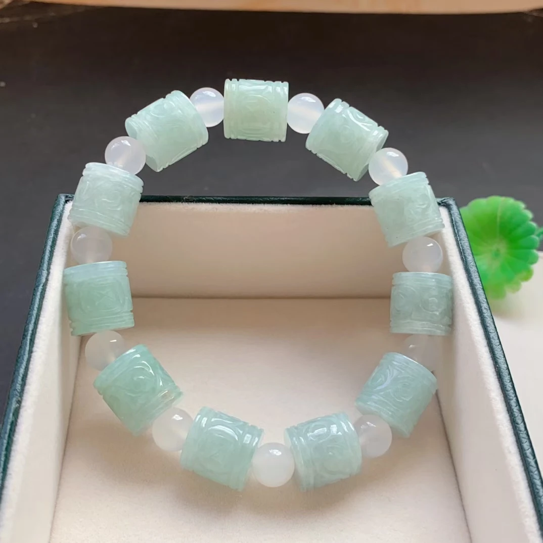 

Natural Jade A Bracelets Gemstone Bracelet Carved Barrel Beads 13.5-12.6mm Women Men Jade A Jewelry AAAAA