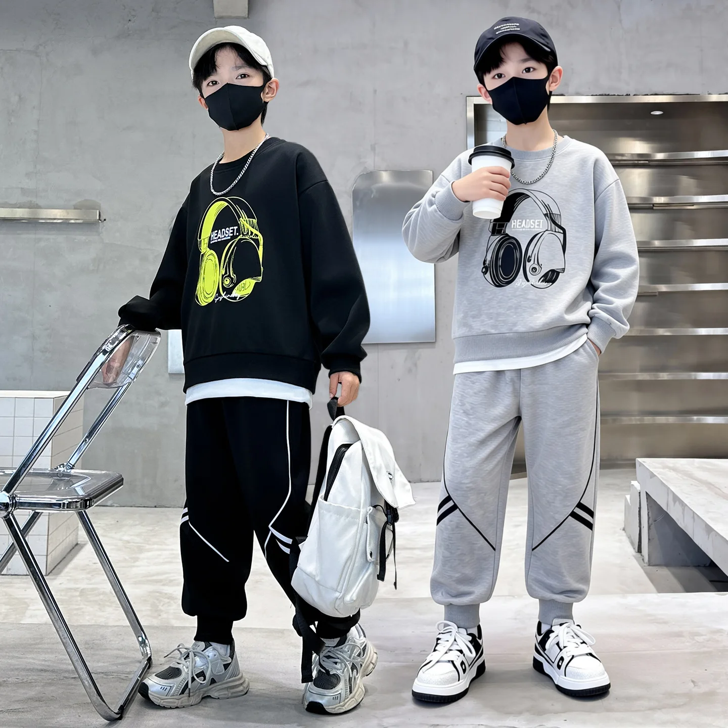 Autumn Winter Boys Teenager Cloth Children Set Hooded Splicing Sweatshirt Print Top + Pant Tracksuit 4 8 10 12 14 Years