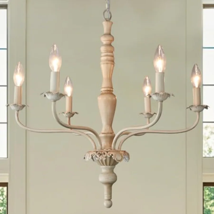 

6-Light Farmhouse French Country Chandelier for Dining Room, Kitchen Island, Living Room, Bedroom; Distressed White Wood; Moder