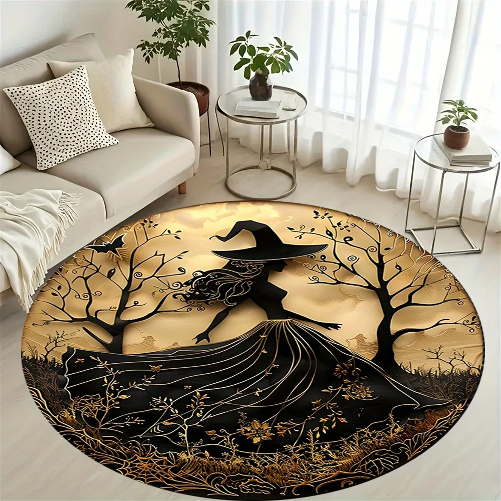 1pc of Halloween-Themed Round Mat with Evil Witch Design - Soft Flannel Polyester, Machine Washable, Ideal for Kitchen, Bedroom