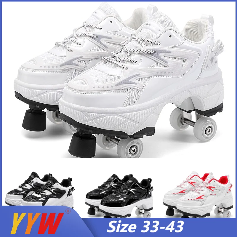 2025 New Dual-purpose Roller Skating Deformation Shoes Double Row Roller Skating Shoes Modified Version Four-wheel Running Shoes