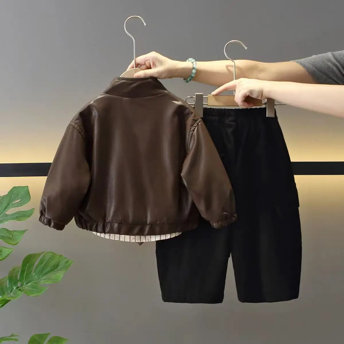 Boys' Leather Jacket for Spring and Autumn, 2025 New Versatile Shirt, Children's Stylish Work Pants, Dopamine Three Piece Set