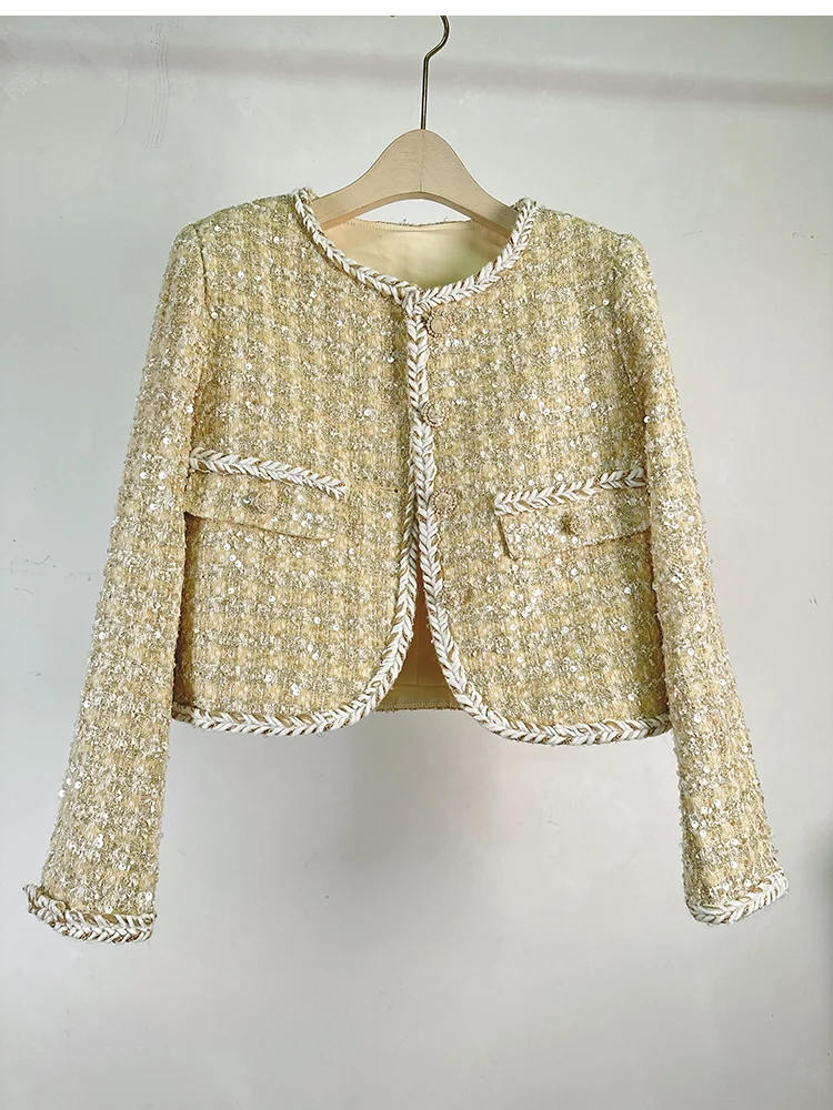 2024 autumn and winter new sequined woven Chanel style single-breasted light luxury celebrity tweed versatile jacket