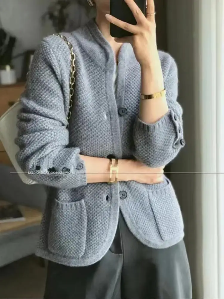 Autumn Winter New Thickened 100% Cashmere Wool Cardigan Women Stand Neck Sweater Sweater Loose Knit Base Wool Sweater Jacket