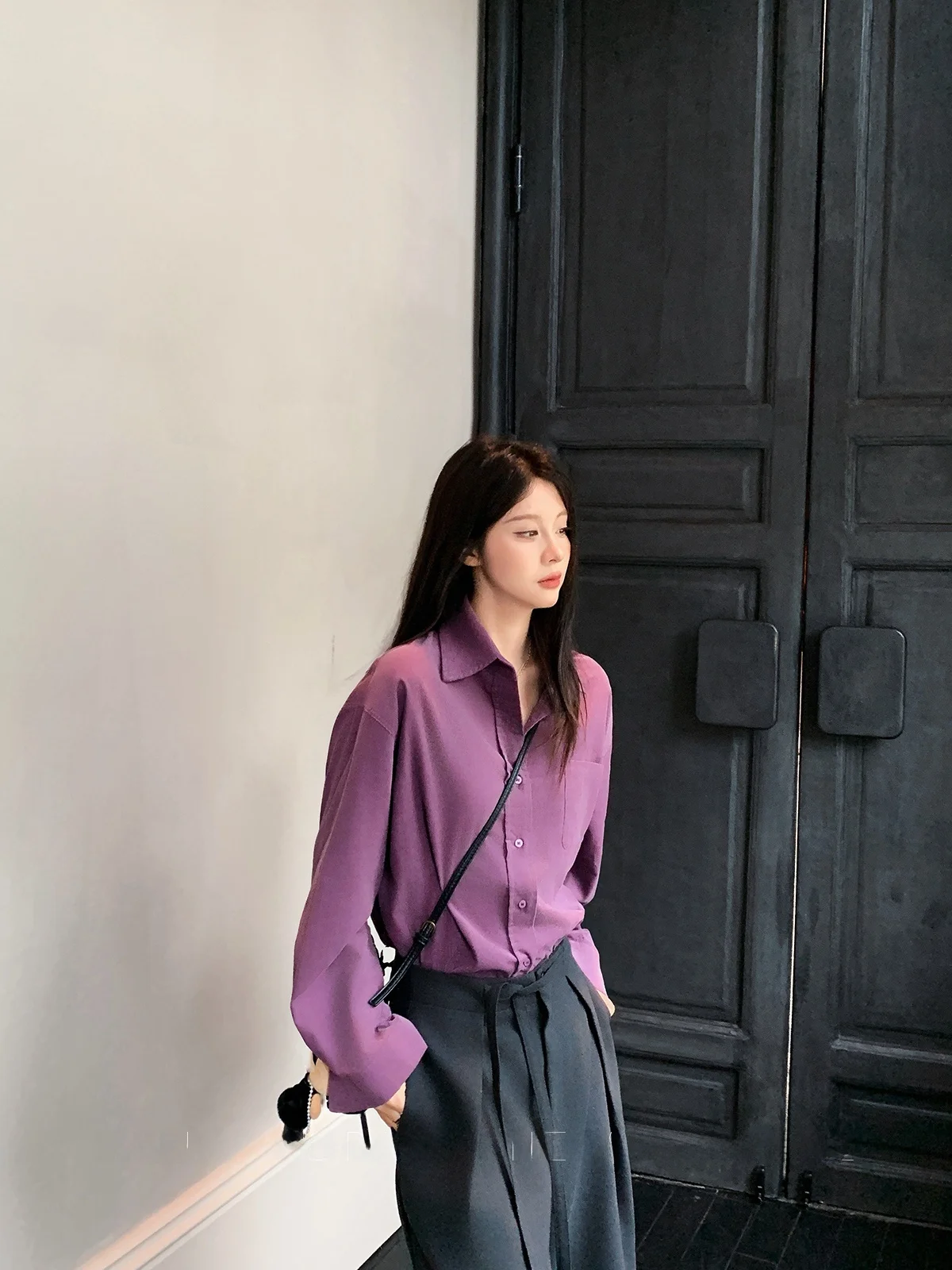 

Purple Corduroy Thiened Casual irt Women's Fall Winter New Sle Yang Pao Pao Slimming Loose Fit Long Sve Button up