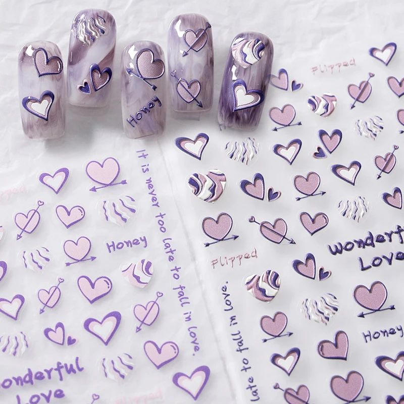 Love Taro Purple 5D Embossed Relief Self Adhesive Nail Art Decoration Sticker Heartbeat Signal Cute 3D Manicure Decal Makeup DIY