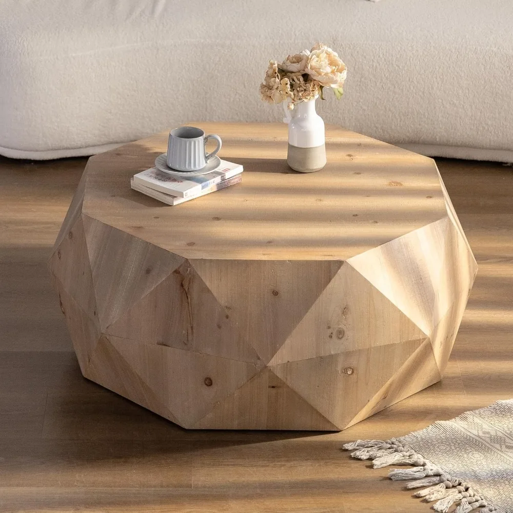 Mesa de centro redonda de madera vintage de 38" con diseño de relieve tridimensional - Mesa de centro de tambor para cabaña rural granja retro