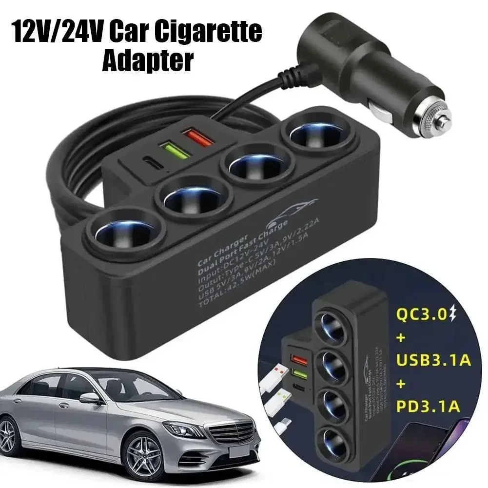 120W Auto-Zigarettenanzünder-Adapter 12V/24V 4-fach Steckdose 3.1A Schnellladegerät USB Auto USB+QC3.0+PD3.1A Zubehör Port USB