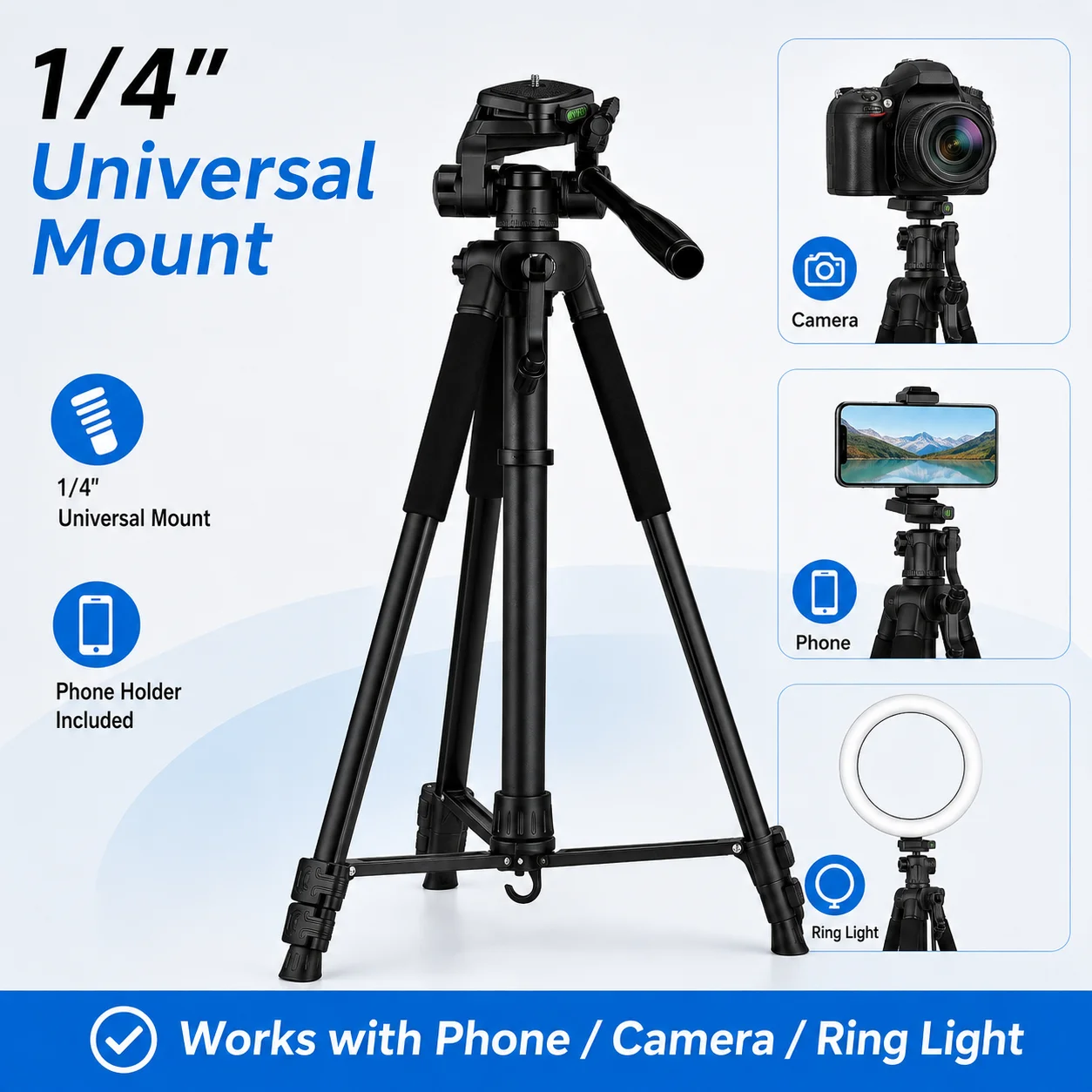 360° Camera Tripod Stand, Portable Photography Tripod for Phone, Telescope, Projector, Action Camera, Selfie, Live Streaming & V