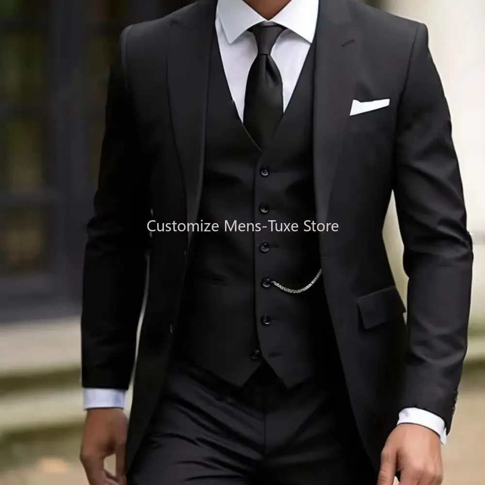 New Beige Suit Men Business Tuxedos Formal 3 Piece Set Jacket Vest Pants Single Breasted Groom Groomsman Prom Wedding Party