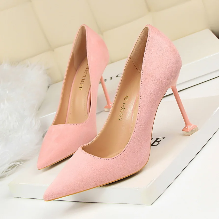 

Fashion Korean Sexy Slim Fit Women's Thin High Heels Heel Suede Shallow Mouth Pointed Toe Single Women Shoes Pumps туфли женские