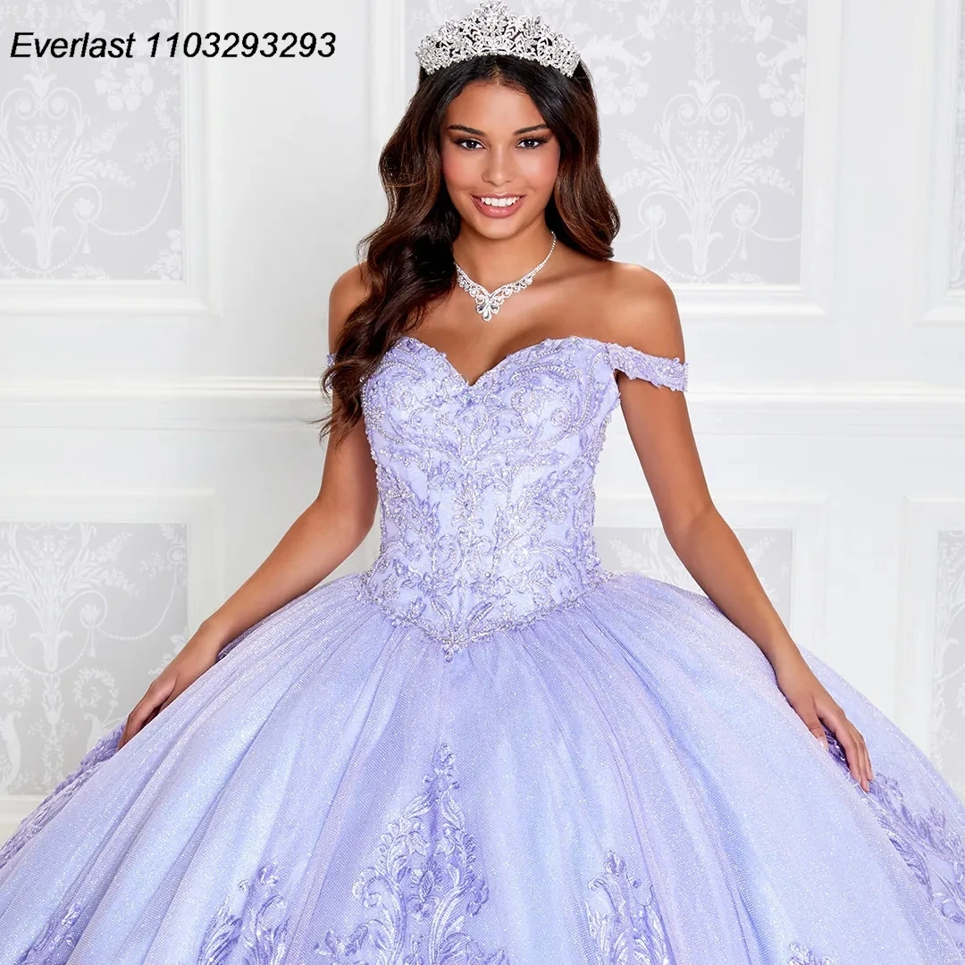 EVLAST Customized Blue Quinceanera Dress Ball Gown Lace Applique Beaded Crystal Off Shoulder Sweet 16 Vestido 15 De Años TQD249