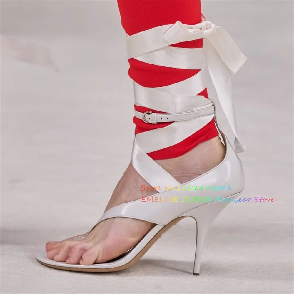 Infradito da donna in pelle con tacco alto, punta aperta, nastro con lacci, cinturino con fibbia, tinta unita, nuovo abito da festa estivo, scarpe da spettacolo