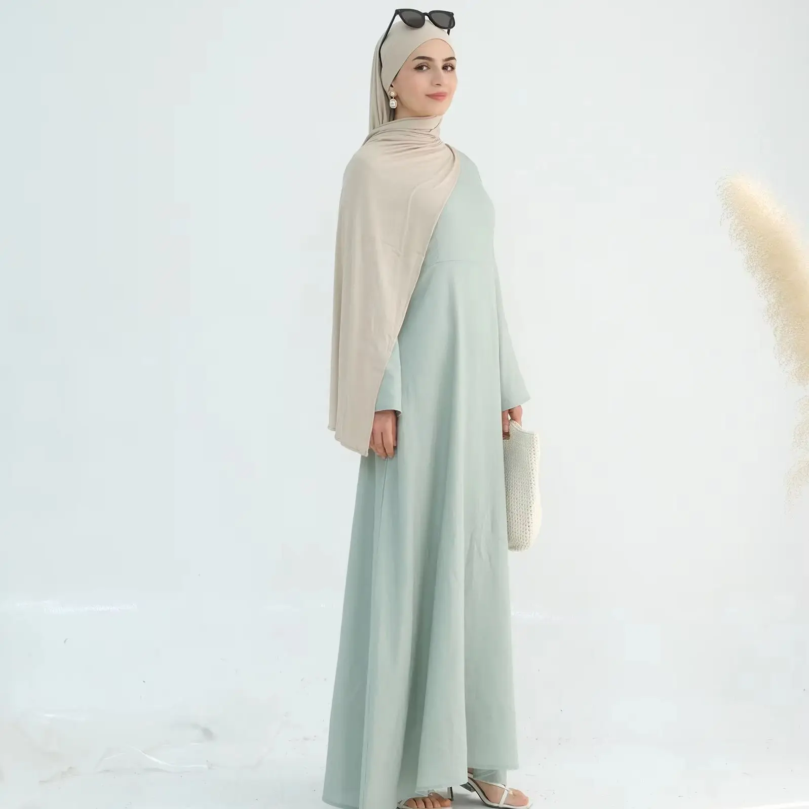 

Cotton/Linen Elegant Muslim Dress for Women, A Line Integrated Belt, Modest Hijabi Outfit, Islamic Clothing Abaya Dress, Ramadan