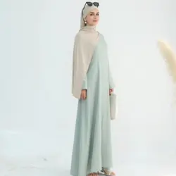 Regular-Fit Elegant Cotton/Linen Muslim Abaya Long Women Dress Hijabi Islamic Clothes-A-Line Silhouette, Integrated Waist Belt